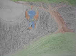 Size: 1564x1154 | Tagged: safe, oc, oc only, oc:blue pixel, bat pony, hanging, looking at you, moon, solo, traditional art, tree, upside down