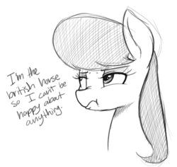 Size: 544x514 | Tagged: safe, artist:anearbyanimal, octavia melody, earth pony, pony, g4, bust, dialogue, eyeshadow, female, grumpy, makeup, mare, monochrome, scrunchy face, simple background, solo, white background