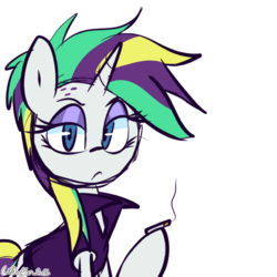 Size: 1280x1280 | Tagged: safe, artist:lilboulder, rarity, pony, unicorn, g4, alternate hairstyle, clothes, drugs, eyeshadow, female, looking at you, makeup, mare, marijuana, punk, raripunk, simple background, smoking, solo, white background