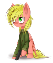 Size: 1600x1869 | Tagged: safe, artist:snowbunny0820, oc, oc only, oc:finlay, pegasus, pony, clothes, cutie mark, eye clipping through hair, gun, hair over one eye, handgun, hooves, male, pistol, simple background, sitting, solo, stallion, weapon, white background, wings