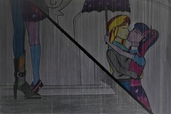 Size: 1024x683 | Tagged: safe, artist:morenagirl02, edit, sci-twi, sunset shimmer, twilight sparkle, equestria girls, g4, monday blues, my little pony equestria girls: summertime shorts, clothes, female, kissing, lesbian, rain, ship:sci-twishimmer, ship:sunsetsparkle, shipping, shoes, traditional art, umbrella