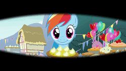 Size: 710x400 | Tagged: safe, screencap, pinkie pie, rainbow dash, g4, secrets and pies, animated, balloon, blinking, female, first person view, food, licking, licking lips, offscreen character, pie, ponyville, pov, tongue out