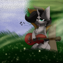 Size: 2560x2560 | Tagged: safe, artist:brokensilence, oc, oc only, oc:emerald whiplash, pony, unicorn, chest fluff, commission, ear fluff, grass, guitar, high res, leonine tail, music notes, one eye closed, singing, sitting, solo, tree