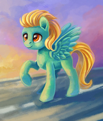 Size: 700x826 | Tagged: safe, artist:maytee, lightning dust, pegasus, pony, g4, female, mare, raised hoof, smiling, solo, spread wings, wings