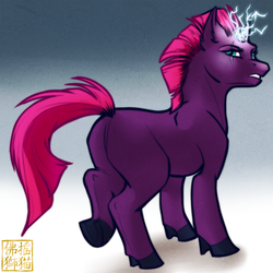 Size: 1000x1000 | Tagged: safe, artist:rattlesire, tempest shadow, pony, unicorn, g4, my little pony: the movie, blank flank, broken horn, female, glowing horn, horn, looking at you, looking back, mare, raised leg, solo