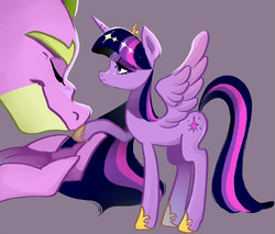 Size: 1176x1000 | Tagged: safe, artist:yam, spike, twilight sparkle, alicorn, dragon, pony, g4, crown, eyes closed, female, jewelry, male, mare, older, older spike, regalia, ship:twispike, shipping, size difference, straight, twilight sparkle (alicorn)