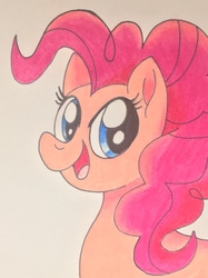 Size: 750x1003 | Tagged: safe, artist:pavementartist, pinkie pie, earth pony, pony, g4, bust, female, looking at you, movie accurate, open mouth, portrait, smiling, solo, traditional art