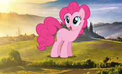 Size: 1229x746 | Tagged: dead source, safe, artist:dashiesparkle, artist:lightning19567, pinkie pie, earth pony, pony, g4, giant pony, irl, italy, macro, photo, ponies in real life, solo, tuscany