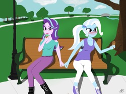 Size: 2224x1668 | Tagged: safe, artist:invaderody, starlight glimmer, trixie, equestria girls, g4, bench, blushing, clothes, duo, female, food, ice cream, lesbian, park, ship:startrix, shipping, sitting, tongue out