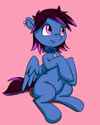 Size: 1280x1592 | Tagged: safe, artist:replacer808, oc, oc only, oc:cool breeze, pegasus, pony, chubby, collar, female, mare, name tag, pet, piercing, simple background, sitting, solo