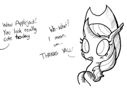 Size: 1932x1440 | Tagged: safe, artist:tjpones, changeling, applejack's hat, black and white, blushing, cowboy hat, dialogue, grayscale, hat, inktober, monochrome, not applejack, offscreen character, simple background, solo, traditional art, white background