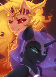 Size: 2791x3777 | Tagged: safe, artist:evehly, daybreaker, nightmare moon, nightmare star, alicorn, pony, g4, duo, fangs, female, grin, high res, looking at you, mare, smiling