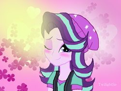 Size: 1024x768 | Tagged: safe, artist:twilightse, starlight glimmer, human, equestria girls, g4, beanie, blushing, female, hat, looking at you, one eye closed, solo, wink