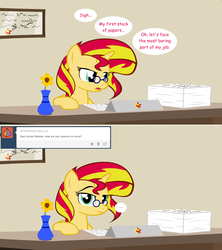 Size: 1280x1444 | Tagged: safe, artist:hakunohamikage, sunset shimmer, pony, unicorn, ask-princesssparkle, g4, ask, comic, female, glasses, mare, paper, solo, tumblr