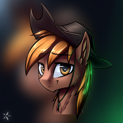 Size: 1100x1100 | Tagged: safe, artist:justafallingstar, oc, oc only, oc:calamity, pegasus, pony, fallout equestria, bust, clothes, colt, fanfic, fanfic art, hat, head, male, stallion, wings