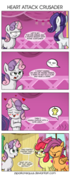 Size: 1675x4214 | Tagged: safe, artist:zsparkonequus, apple bloom, rarity, scootaloo, sweetie belle, earth pony, pegasus, pony, unicorn, forever filly, g4, belle sisters, blushing, clubhouse, comic, crusaders clubhouse, cutie mark crusaders, fainted, female, filly, foal, laughing, mare, naive sweetie belle, naivete of youth