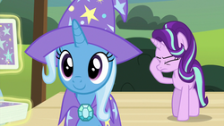 Size: 1280x720 | Tagged: safe, screencap, starlight glimmer, trixie, g4, uncommon bond, card, card trick, cute, deck of cards, duo, facehoof, implied sunburst, magic trick, offscreen character, playing card