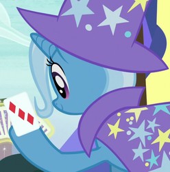 Size: 709x715 | Tagged: safe, screencap, trixie, pony, unicorn, g4, uncommon bond, cape, card, clothes, cropped, cute, diatrixes, female, happy, hat, holding, hoof hold, mare, raised hoof, solo, trixie's cape, trixie's hat