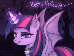 Size: 1200x900 | Tagged: safe, artist:topolok, twilight sparkle, alicorn, bat pony, bat pony alicorn, pony, spider, g4, bat ponified, collar, female, glowing horn, halloween, holiday, horn, mare, race swap, slit pupils, solo, twibat, twilight sparkle (alicorn)