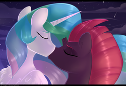 Size: 1080x740 | Tagged: safe, artist:tigra0118, princess celestia, tempest shadow, alicorn, pony, unicorn, g4, my little pony: the movie, broken horn, duo, female, horn, kiss on the lips, kissing, lesbian, mare, missing accessory, request, requested art, shipping, tempestia