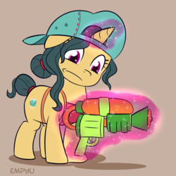 Size: 1000x1000 | Tagged: safe, artist:empyu, fresh coat, pony, unicorn, g4, female, glowing horn, hair bun, hat, horn, mare, simple background, solo, splatoon, splattershot