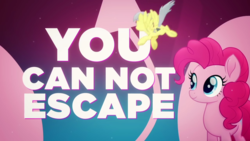 Size: 1280x720 | Tagged: safe, screencap, pinkie pie, earth pony, pegasus, pony, g4, my little pony: the movie, official, background pony, face of mercy, female, flying, lyric video, lyrics, mare, music video, rainbow (song), sia (singer), song reference, text, the implications are horrible, trapped, unfortunate implications, unnamed character, unnamed pony, welcome to the herd, you can not escape