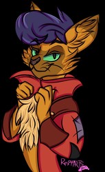 Size: 783x1280 | Tagged: safe, artist:rexiarts, capper dapperpaws, abyssinian, cat, anthro, g4, my little pony: the movie, black background, chest fluff, clothes, coat, looking at you, male, simple background, slit pupils, solo