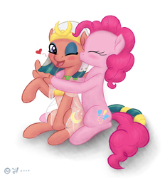 Size: 2146x2314 | Tagged: safe, artist:jh, pinkie pie, somnambula, earth pony, pegasus, pony, g4, blushing, clothes, eyes closed, eyeshadow, female, high res, hug, kissing, lesbian, looking at you, makeup, mare, one eye closed, open mouth, raised hoof, see-through, ship:pinkambula, shipping, sitting, smiling, smooch