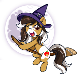 Size: 1394x1335 | Tagged: safe, alternate character, alternate version, artist:xwhitedreamsx, oc, oc only, oc:honeycrisp, earth pony, pony, broom, cute, female, flying, flying broomstick, hat, looking at you, mare, nightmare night, one eye closed, solo, wink, witch, witch hat, ych result