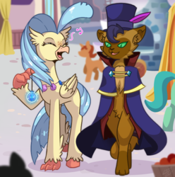 Size: 993x1000 | Tagged: safe, artist:vavacung, capper dapperpaws, princess skystar, abyssinian, cat, classical hippogriff, hippogriff, anthro, g4, my little pony: the movie, cape, chest fluff, clothes, crack shipping, duo, female, hat, male, shipping, skycapper, straight, top hat