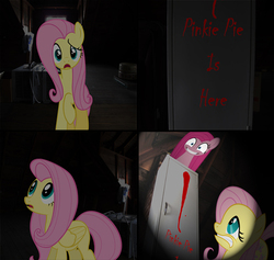 Size: 626x594 | Tagged: safe, artist:sb1991, fluttershy, pinkie pie, pony, g4, attic, comic, lightning, looking up, message, not blood, pinkamena diane pie, red paint, scared, stare, stare down, story included