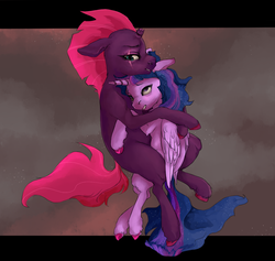 Size: 1070x1016 | Tagged: safe, artist:colorlesscupcake, fizzlepop berrytwist, tempest shadow, twilight sparkle, alicorn, pony, g4, my little pony: the movie, duo, female, hug, lesbian, mare, ship:tempestlight, shipping, twilight sparkle (alicorn)
