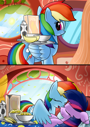 Size: 2480x3507 | Tagged: safe, artist:twidasher, rainbow dash, twilight sparkle, pegasus, pony, g4, banana, bed, breakfast, breakfast in bed, cereal, duo, female, food, golden oaks library, high res, lesbian, mare, milk, ship:twidash, shipping, sleeping