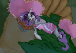 Size: 1295x909 | Tagged: safe, artist:colorlesscupcake, rarity, pony, unicorn, g4, bed, blanket, female, lying, on side, pillow, solo