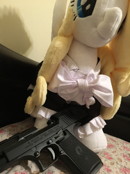 Size: 2000x2668 | Tagged: safe, oc, oc only, oc:solari melody, pegasus, pony, clothes, desert eagle, edgy, female, gun, handgun, high res, irl, maid, mare, photo, pistol, plushie, smiling, solo, weapon