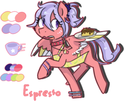 Size: 900x732 | Tagged: safe, artist:kyaokay, oc, oc only, oc:espresso, pegasus, pony, ear piercing, earring, jewelry, piercing, reference sheet, simple background, transparent background, waitress, wing hands