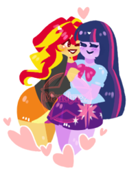 Size: 250x338 | Tagged: safe, artist:mandyrez, edit, sunset shimmer, twilight sparkle, equestria girls, g4, blushing, cropped, cuddling, eyes closed, female, heart, hug, lesbian, ship:sunsetsparkle, shipping, simple background, smiling, transparent background