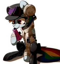Size: 3810x4091 | Tagged: safe, artist:luxaestas, rainbow dash, pegasus, pony, boots, camouflage, clothes, earmuffs, female, goggles, gun, handgun, hat, jacket, mare, multicolored hair, pistol, rainbow six siege, red dot, shading, shadow, shoes, simple background, solo, weapon, white background