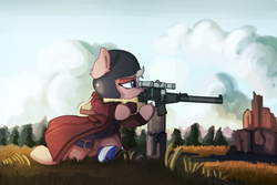 Size: 1600x1067 | Tagged: safe, artist:saxopi, oc, oc only, earth pony, pony, clothes, cloud, commission, ear fluff, female, grass, gun, helmet, hooves, mare, optical sight, playerunknown's battlegrounds, rifle, sniper, sniper rifle, solo, suppressor, tree, vss vintorez, weapon