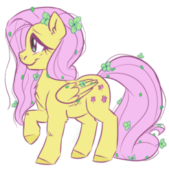 Size: 972x986 | Tagged: safe, artist:shamrockpony, fluttershy, pegasus, pony, g4, clover, ear fluff, female, folded wings, four leaf clover, mare, profile, raised hoof, simple background, smiling, solo, transparent background, wings