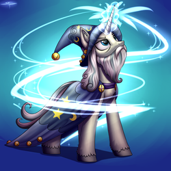Size: 4000x4000 | Tagged: safe, artist:setharu, star swirl the bearded, pony, unicorn, g4, shadow play, absurd resolution, bags under eyes, beard, cape, clothes, facial hair, frown, glowing horn, hat, horn, magic, male, signature, solo, stallion, standing, wizard, wizard hat