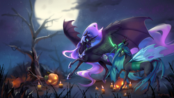Size: 3000x1696 | Tagged: dead source, safe, artist:rocy canvas, nightmare moon, queen chrysalis, alicorn, changeling, changeling queen, pony, g4, bat wings, candle, female, full moon, glowing horn, halloween, high res, holiday, horn, hybrid wings, jack-o-lantern, lesbian, mare, moon, night, pumpkin, ship:chrysmoon, shipping, tree