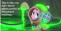 Size: 860x440 | Tagged: safe, edit, edited screencap, screencap, pinkie pie, g4, season 7, shadow play, blindfold, cropped, disgusted, diving suit, drain, female, helmet, pyramid, slime, solo
