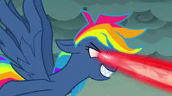 Size: 300x168 | Tagged: safe, screencap, rainbow dash, g4, secrets and pies, evil pie hater dash, eye beams, female, flying, nightmare, smiling, smirk, solo