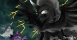 Size: 1280x669 | Tagged: safe, artist:oofycolorful, pony of shadows, star swirl the bearded, twilight sparkle, alicorn, pony, unicorn, g4, shadow play, female, lightning, male, mare, spread wings, stallion, storm, twilight sparkle (alicorn), wings