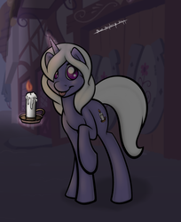 Size: 1047x1280 | Tagged: safe, artist:bluebender, oc, oc only, oc:candle wax, :p, candle, commission, cute, cutie mark, female, horn, magic, night, pinup, ponyville, raised hoof, standing, tongue out