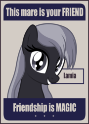 Size: 1518x2103 | Tagged: safe, artist:badumsquish, derpibooru exclusive, oc, oc only, oc:kalianne, lamia, monster pony, original species, fangs, female, friendship, grin, looking at you, monochrome, poster, propaganda, slit pupils, smiling, solo, this man is your friend he fights for freedom, world war ii