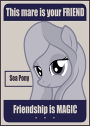 Size: 1518x2103 | Tagged: safe, artist:badumsquish, derpibooru exclusive, oc, oc only, oc:adrianna, sea pony, bedroom eyes, female, friendship, lidded eyes, looking at you, monochrome, poster, propaganda, smiling, solo, this man is your friend he fights for freedom, world war ii