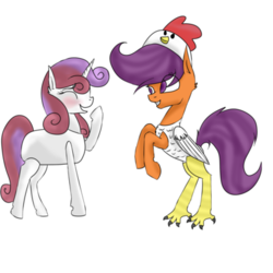 Size: 400x400 | Tagged: dead source, safe, artist:sleepyyhollow, scootaloo, sweetie belle, pegasus, pony, unicorn, g4, animal costume, chicken suit, clothes, costume, cute, cutealoo, diasweetes, female, filly, happy, laughing, lesbian, nightmare night costume, scootachicken, ship:scootabelle, shipping, silly, silly pony, sweetie belle is a marshmallow too