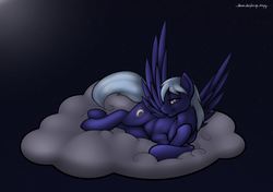 Size: 1280x900 | Tagged: safe, artist:bluebender, oc, oc only, oc:moon shield, pegasus, pony, cloud, commission, cutie mark, looking at you, lying down, male, moonlight, night, seductive, smiling, solo, wings